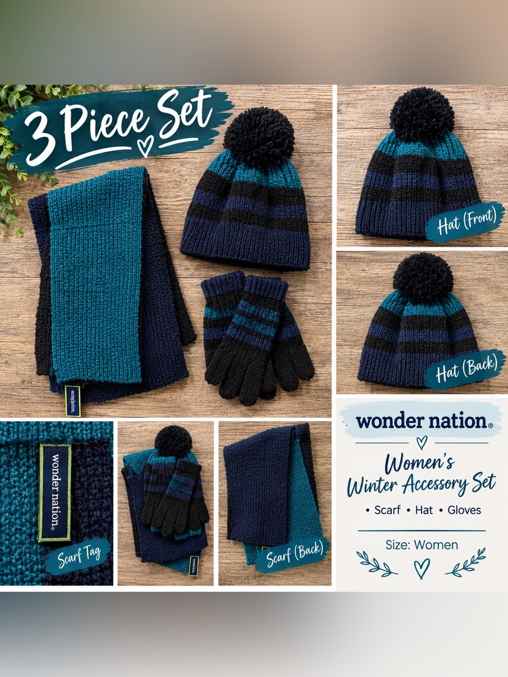 NWT Women’s 3pc Winter Knit Set | Striped Beanie Scarf & Gloves Teal/Navy/Black